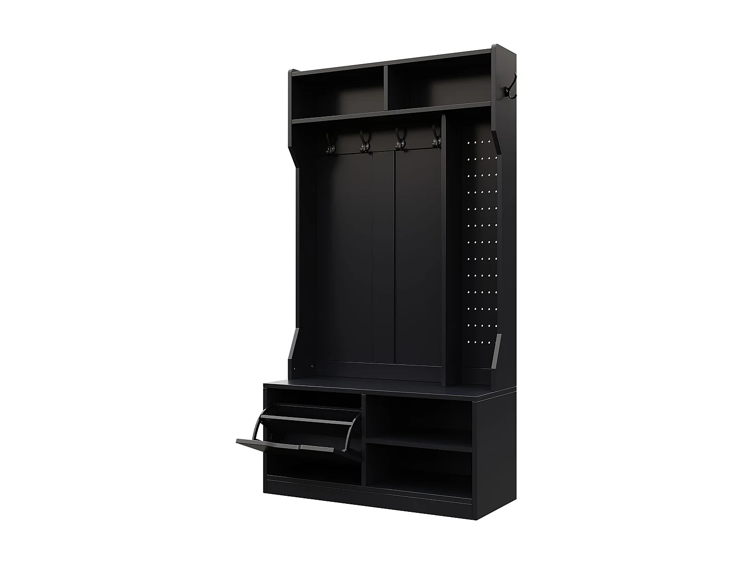 Schwarze Flurgarderobe mit einer Tür, vier offenen Fächern und sechs Haken