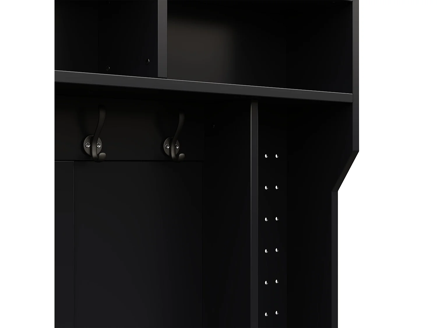 Schwarze Flurgarderobe mit einer Tür, vier offenen Fächern und sechs Haken