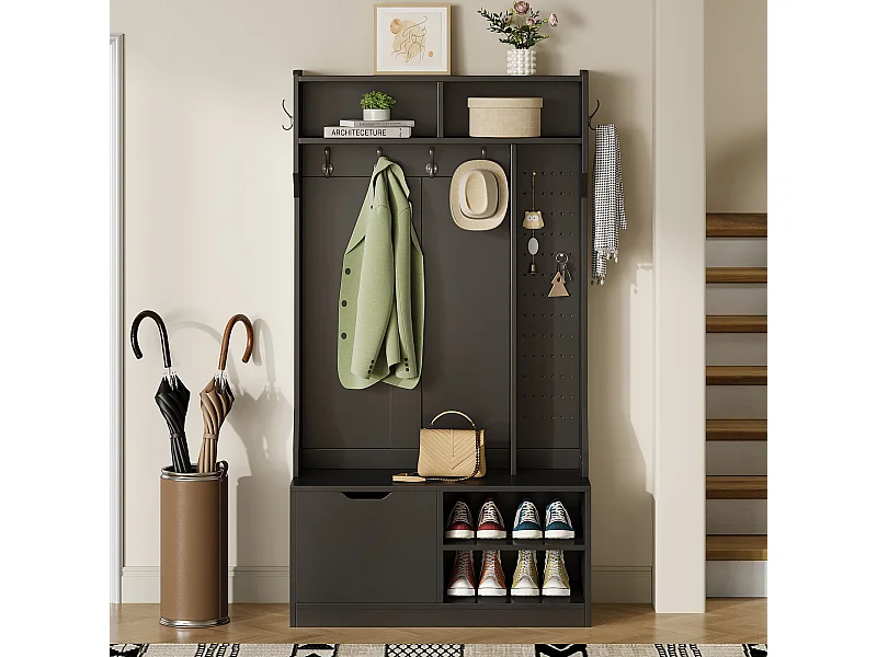 Porte-manteau noir avec 1 porte et 4 espaces de rangement ouverts, 6 crochets - pour l'entrée