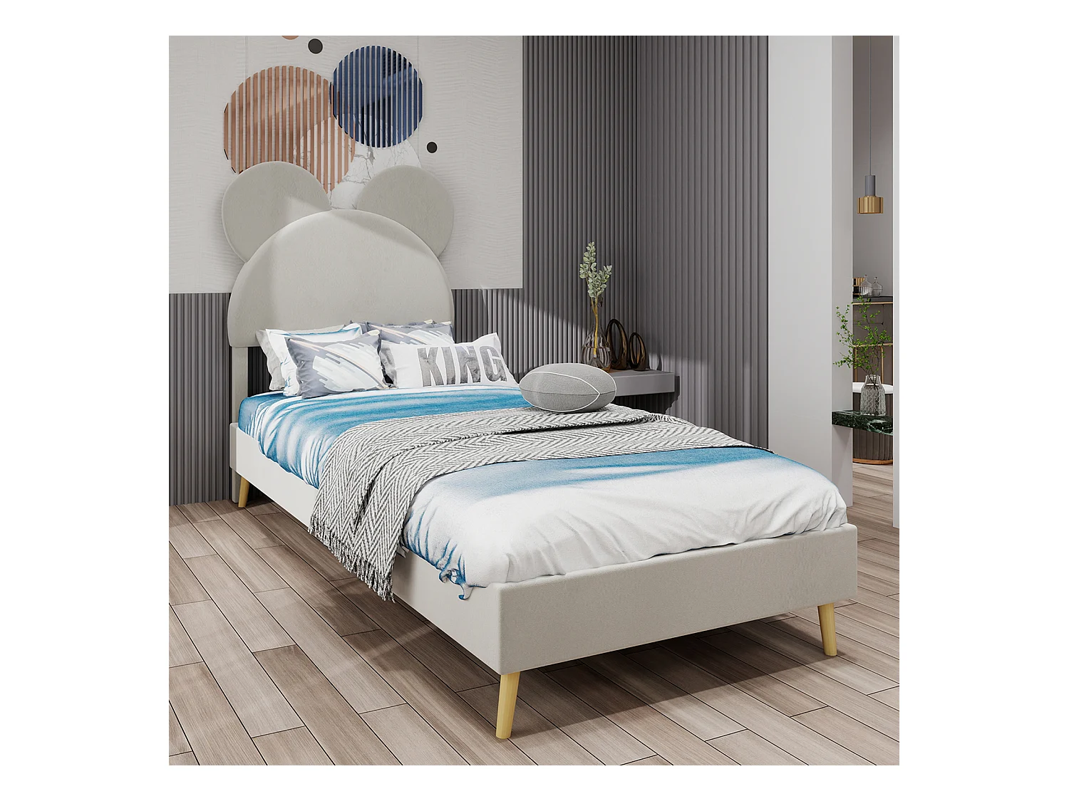 Lit enfant 90x200 cm avec tête de lit dessin animé et sommier à lattes - velours beige (sans matelas)