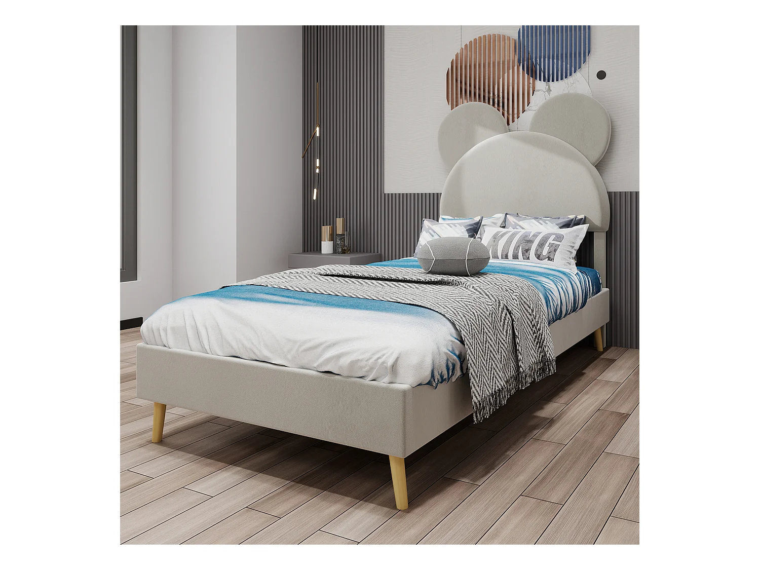 Lit enfant 90x200 cm avec tête de lit dessin animé et sommier à lattes - velours beige (sans matelas)