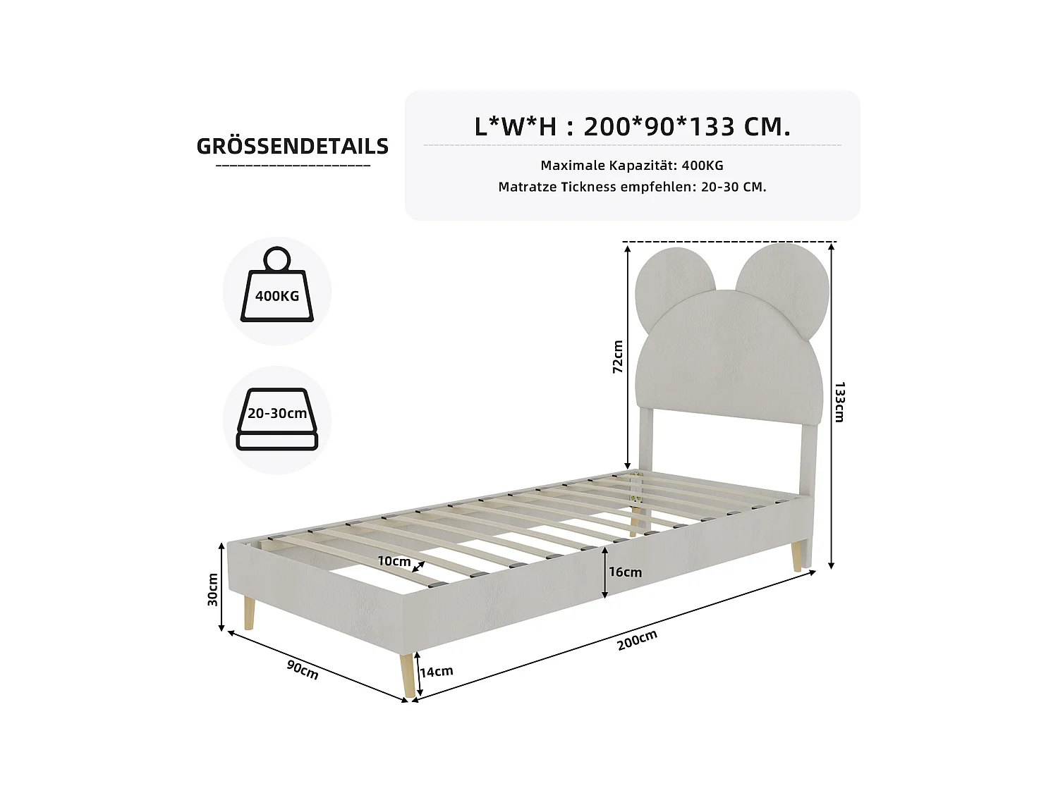 Lit enfant 90x200 cm avec tête de lit dessin animé et sommier à lattes - velours beige (sans matelas)