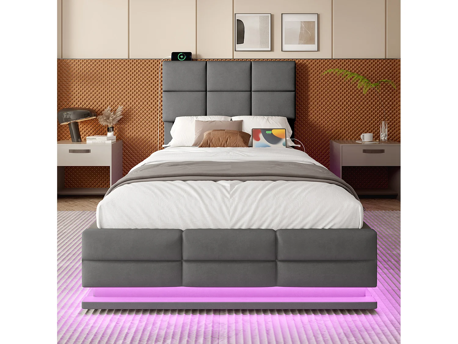 Lit coffre adulte 90x200 cm avec LED et port USB, tête de lit réglable - velours gris (sans matelas)