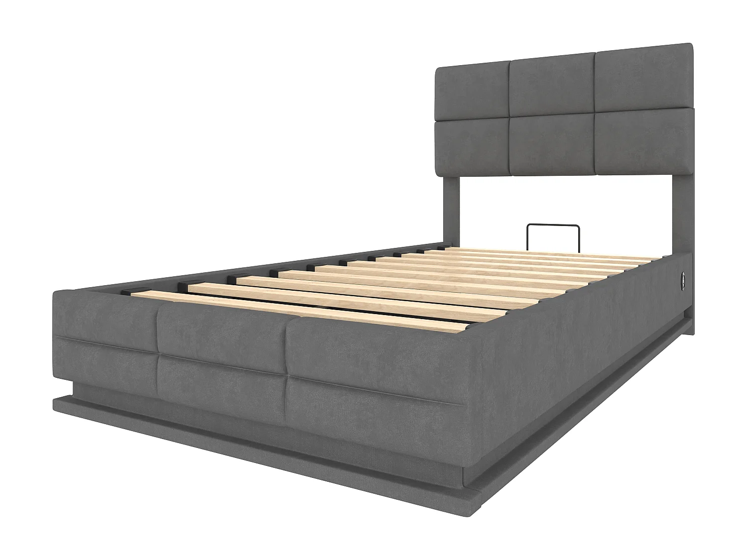 Lit coffre adulte 90x200 cm avec LED et port USB, tête de lit réglable - velours gris (sans matelas)