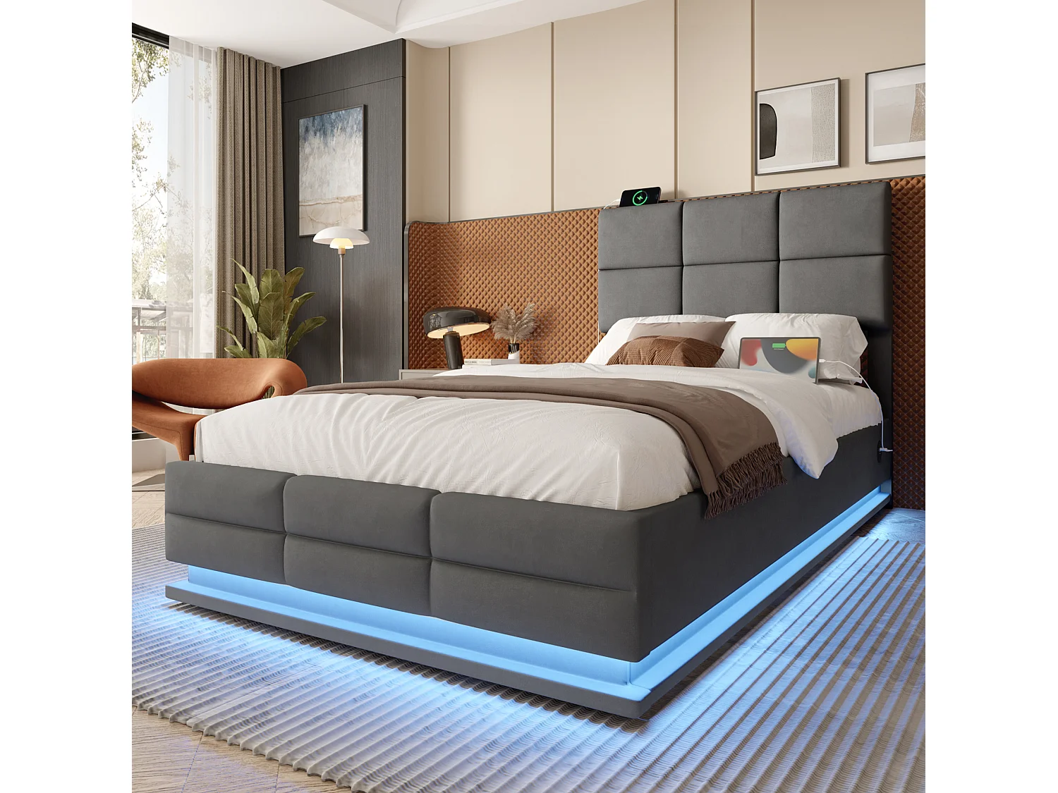 Lit coffre adulte 90x200 cm avec LED et port USB, tête de lit réglable - velours gris (sans matelas)