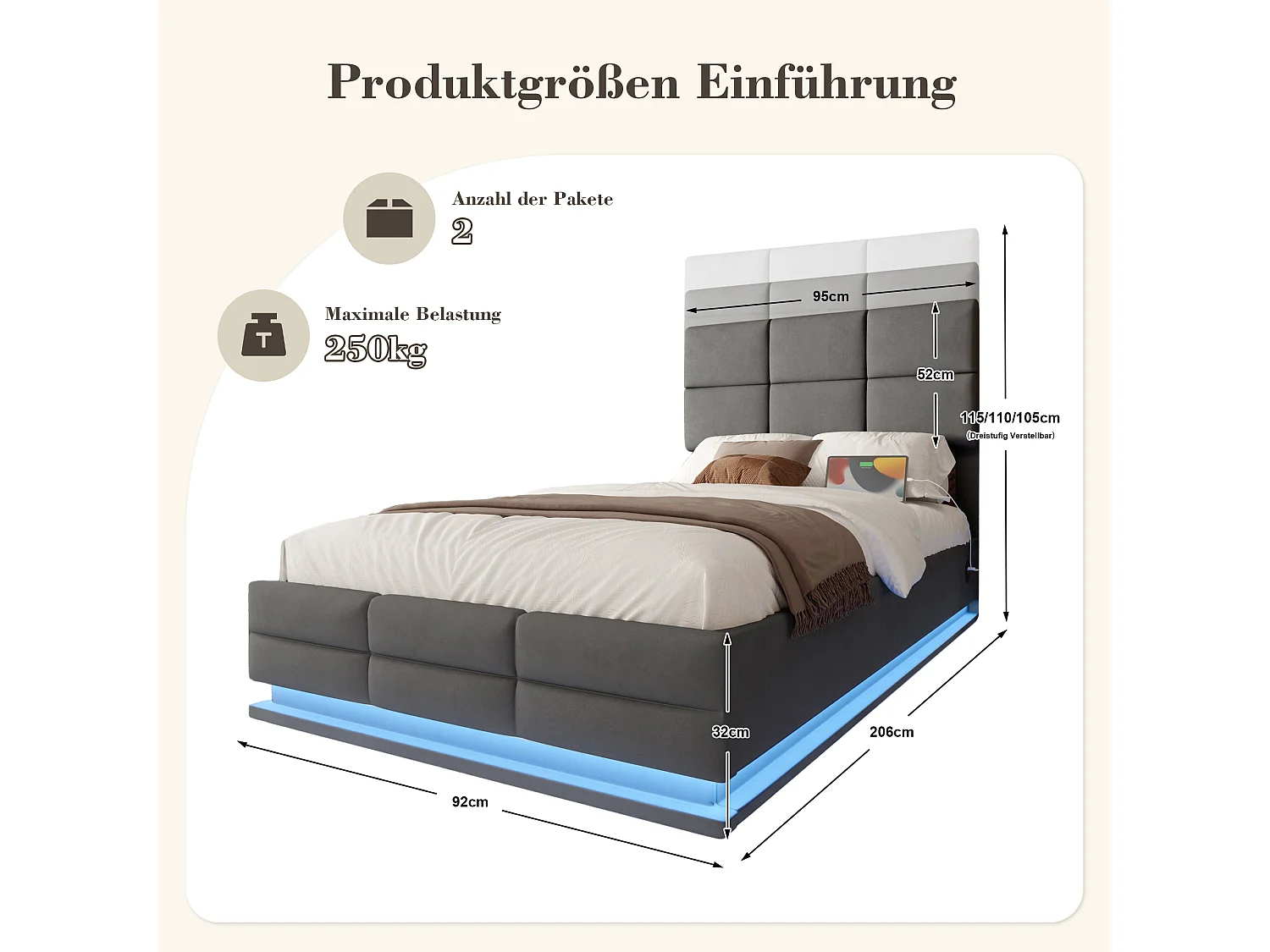 Lit coffre adulte 90x200 cm avec LED et port USB, tête de lit réglable - velours gris (sans matelas)