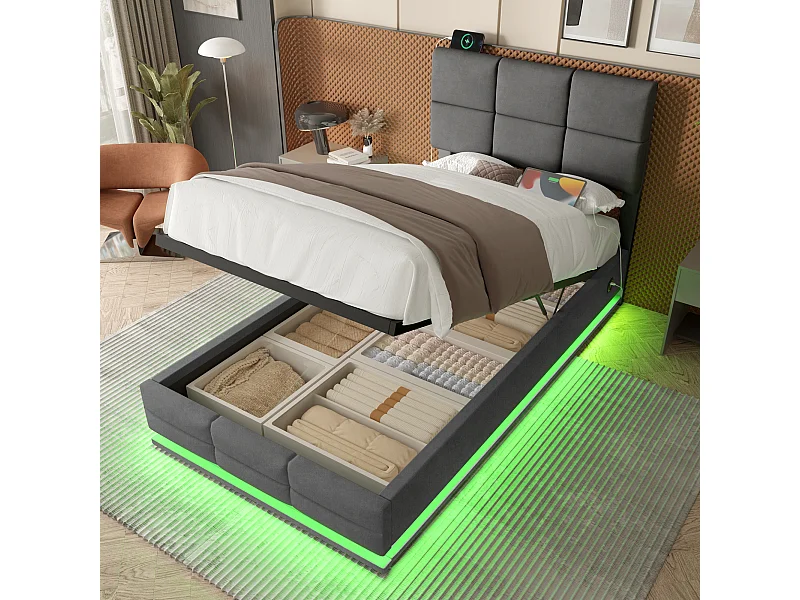Stauraumbett 90x200 cm mit LED und USB-Anschluss, verstellbares Kopfteil - Samt Grau (ohne Matratze)