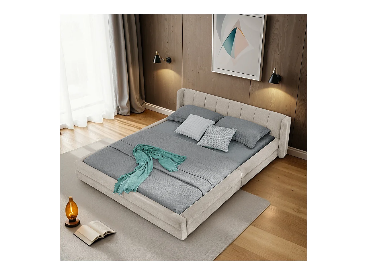 Tweepersoonsbed 140x200 cm met hoofdbord en gevoerde lattenbodem, chenille beige - zonder matras