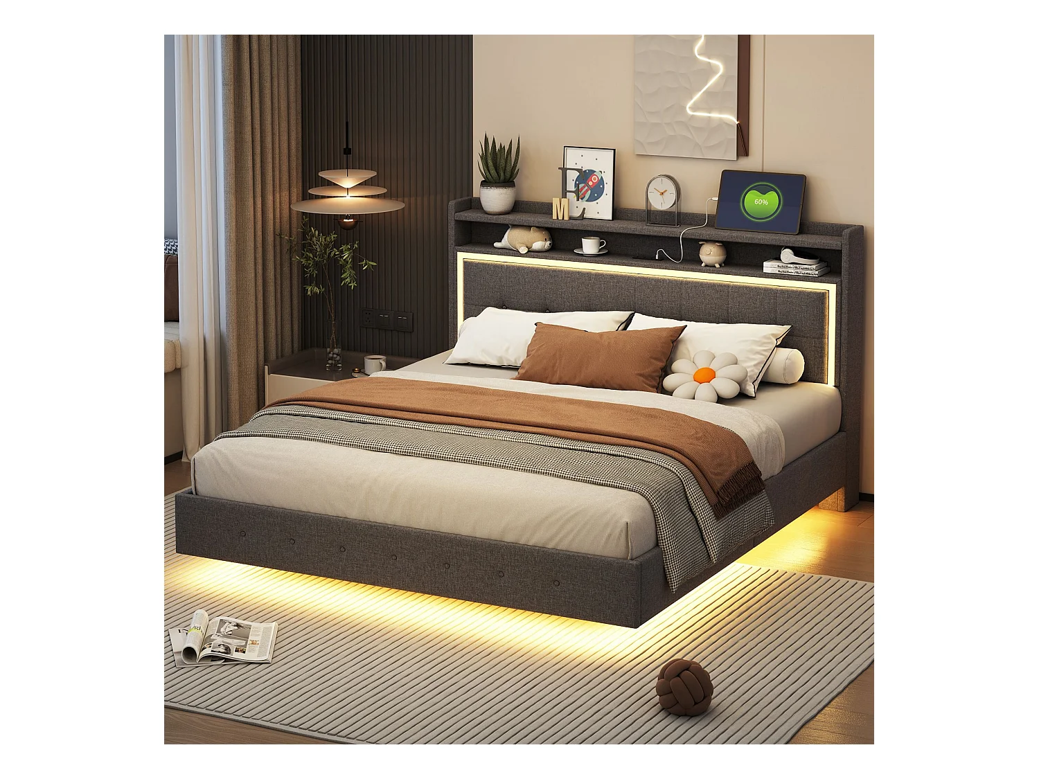 Lit adulte 160x200 cm Lit double avec LED et prise USB, tête de lit capitonnée - lin gris - sans matelas