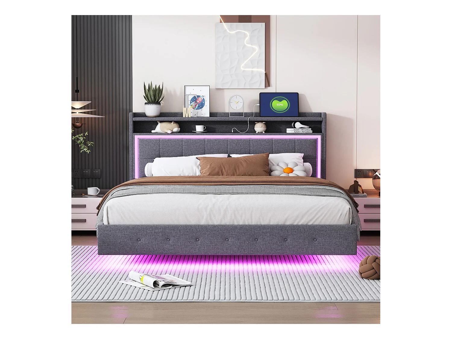 Lit adulte 160x200 cm Lit double avec LED et prise USB, tête de lit capitonnée - lin gris - sans matelas