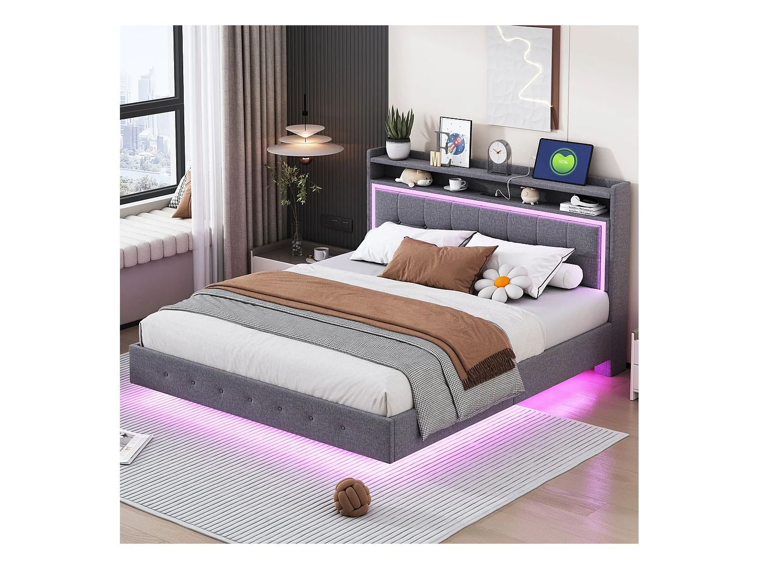 Lit adulte 160x200 cm Lit double avec LED et prise USB, tête de lit capitonnée - lin gris - sans matelas