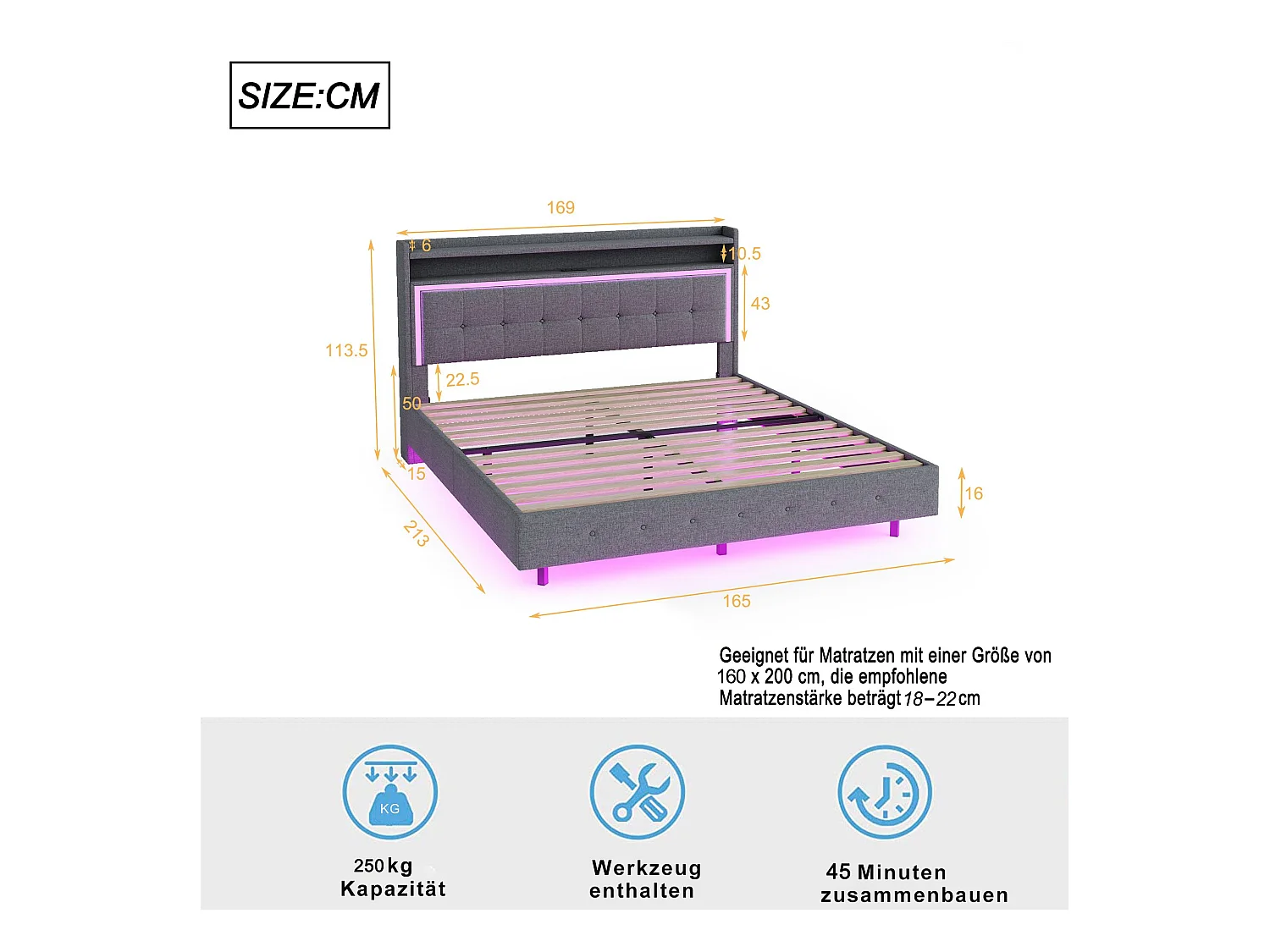 Lit adulte 160x200 cm Lit double avec LED et prise USB, tête de lit capitonnée - lin gris - sans matelas