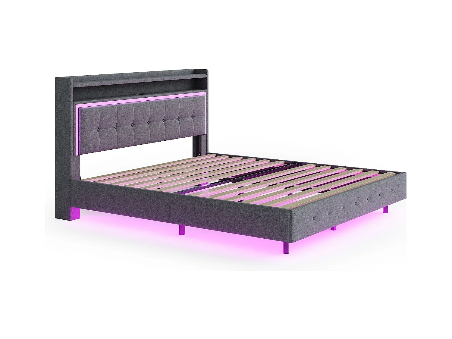 Lit adulte 160x200 cm Lit double avec LED et prise USB, tête de lit capitonnée - lin gris - sans matelas