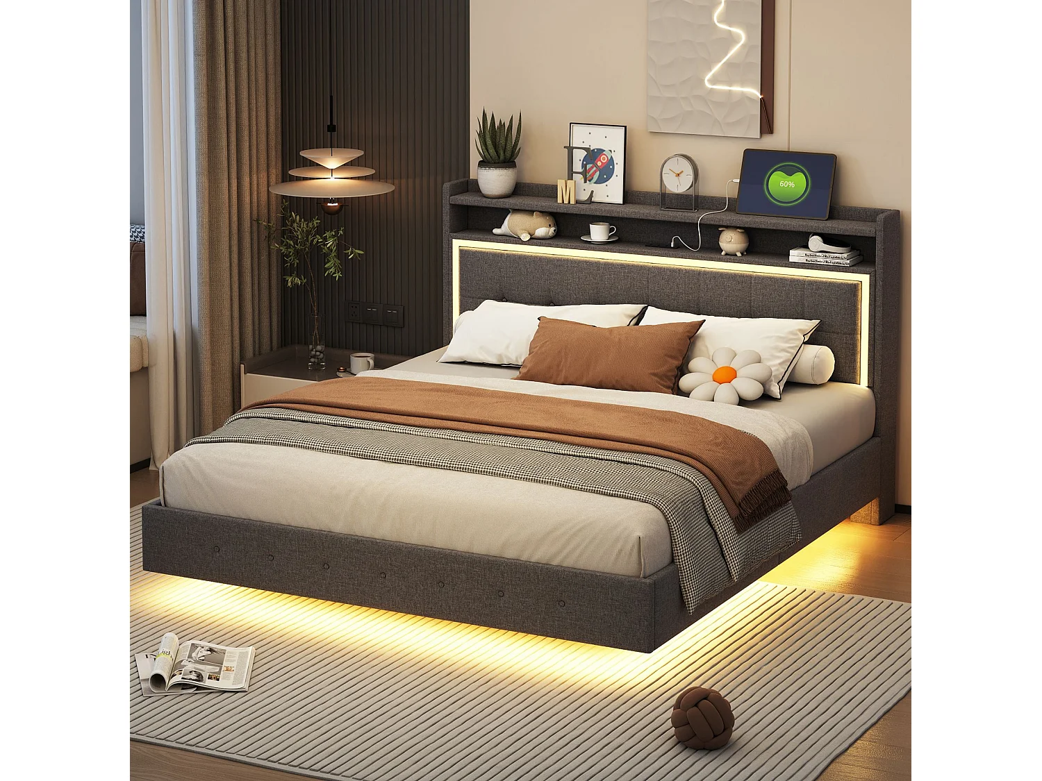 Lit adulte 160x200 cm Lit double avec LED et prise USB, tête de lit capitonnée - lin gris - sans matelas