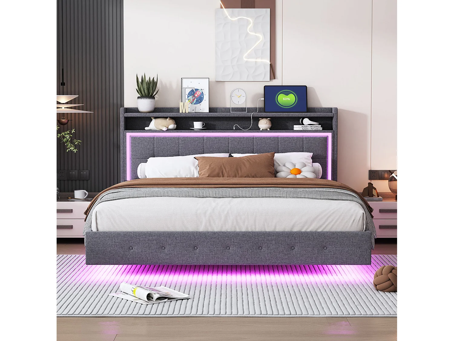 Lit adulte 160x200 cm Lit double avec LED et prise USB, tête de lit capitonnée - lin gris - sans matelas