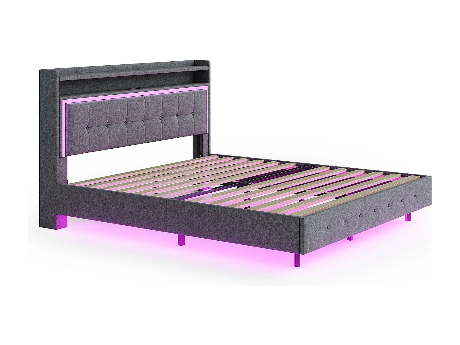 Lit adulte 160x200 cm Lit double avec LED et prise USB, tête de lit capitonnée - lin gris - sans matelas