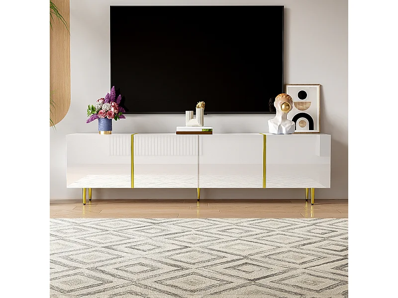 Meuble TV blanc avec 4 portes brillantes et pieds dorés - pour salons et bureaux
