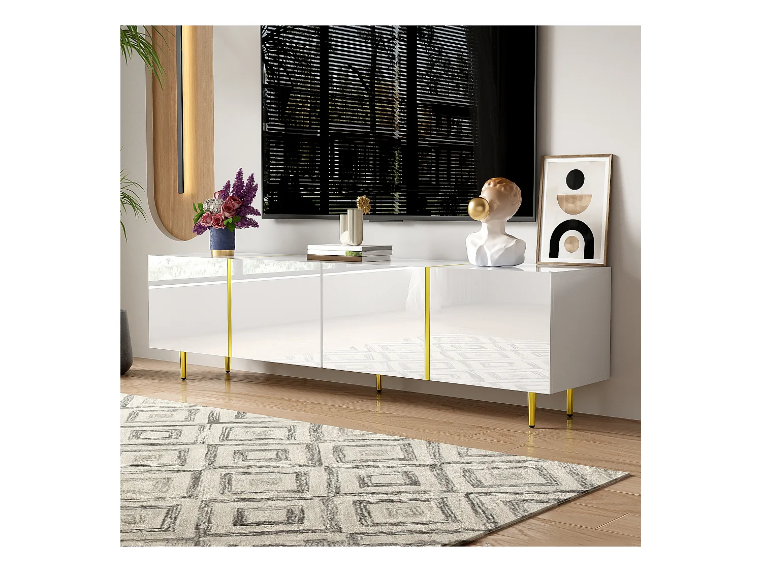 Meuble TV blanc avec 4 portes brillantes et pieds dorés - pour salons et bureaux