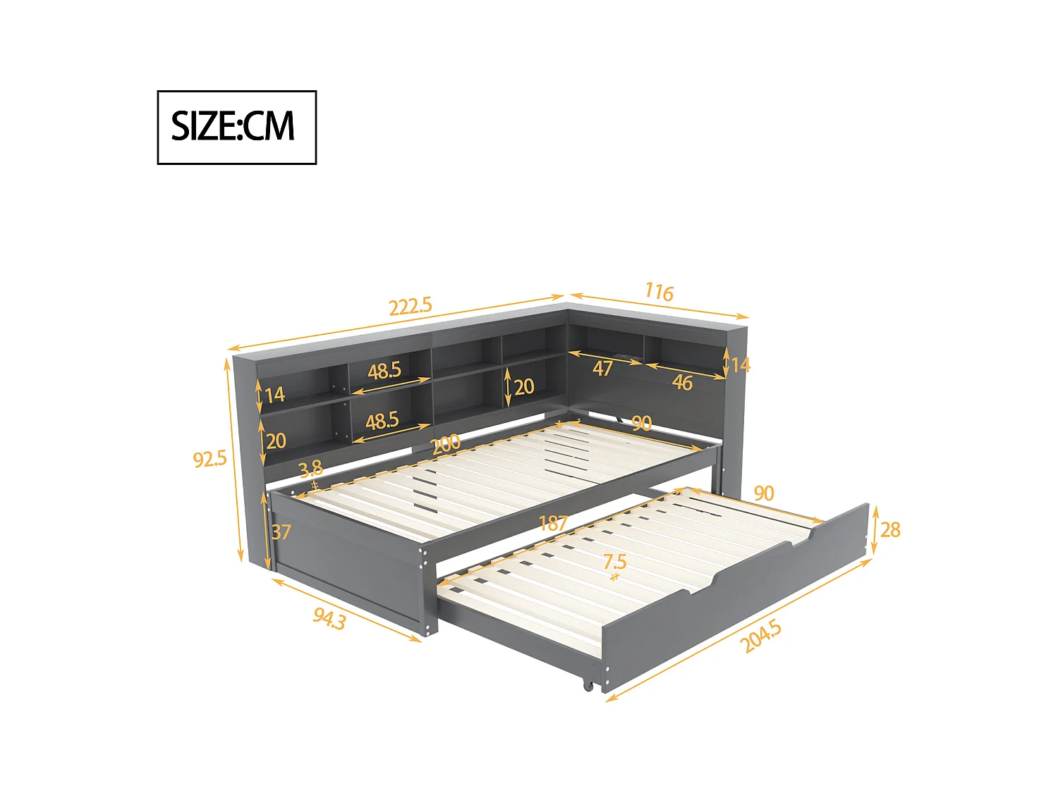 Lit banquette 90x200 cm avec lit gigogne et étagère de rangement, port USB - gris - sans matelas