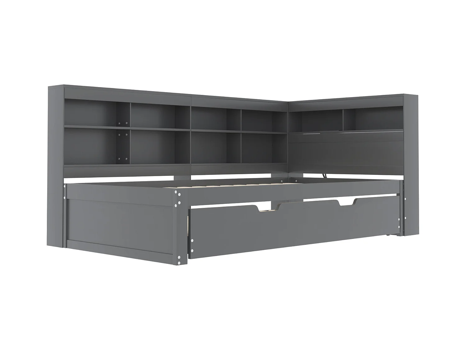 Lit banquette 90x200 cm avec lit gigogne et étagère de rangement, port USB - gris - sans matelas