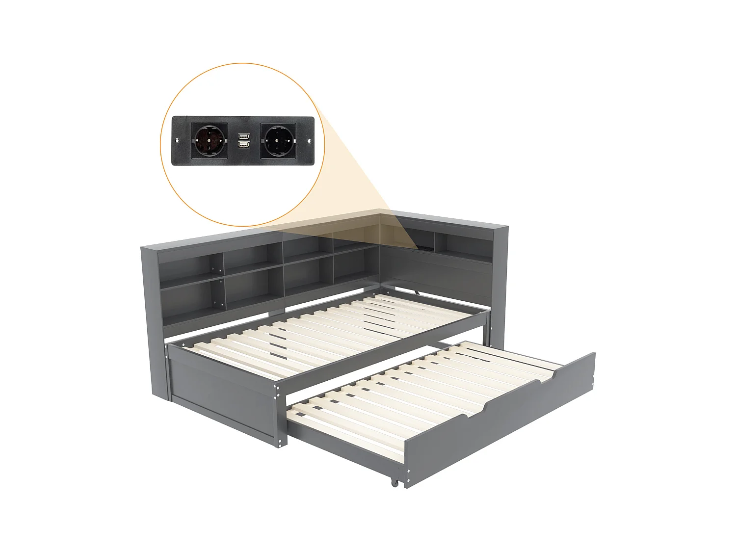 Lit banquette 90x200 cm avec lit gigogne et étagère de rangement, port USB - gris - sans matelas