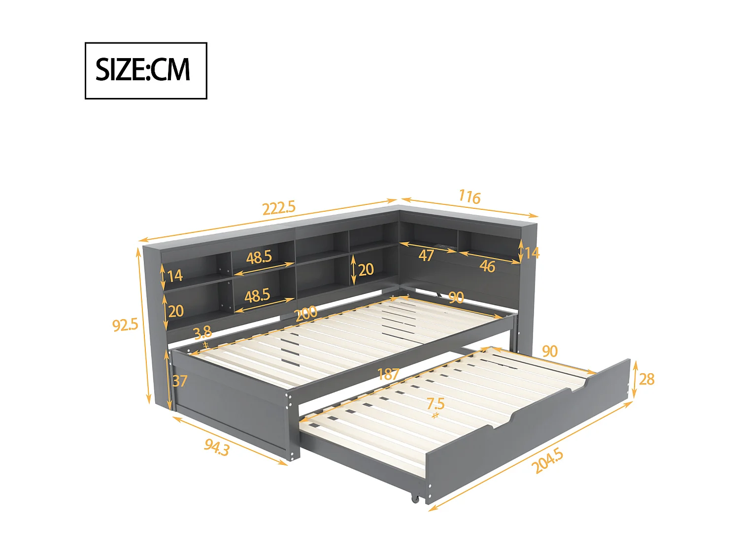 Lit banquette 90x200 cm avec lit gigogne et étagère de rangement, port USB - gris - sans matelas