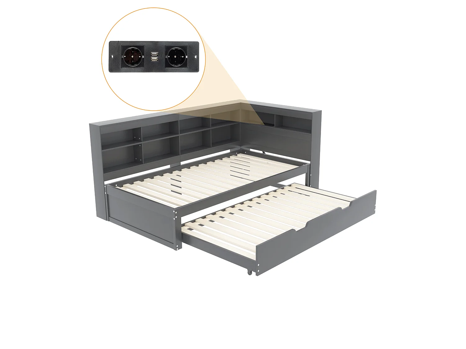 Divano letto 90x200 cm con letto estraibile e ripiano portaoggetti, porta USB - grigio - senza materasso