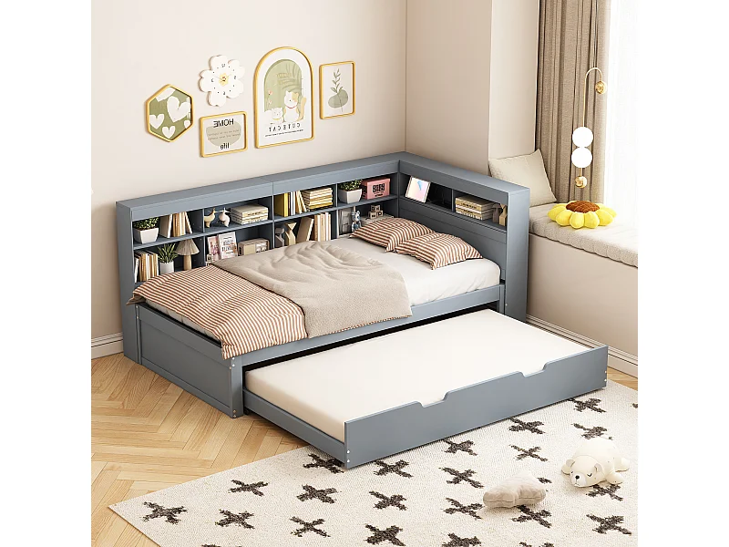 Lit banquette 90x200 cm avec lit gigogne et étagère de rangement, port USB - gris - sans matelas