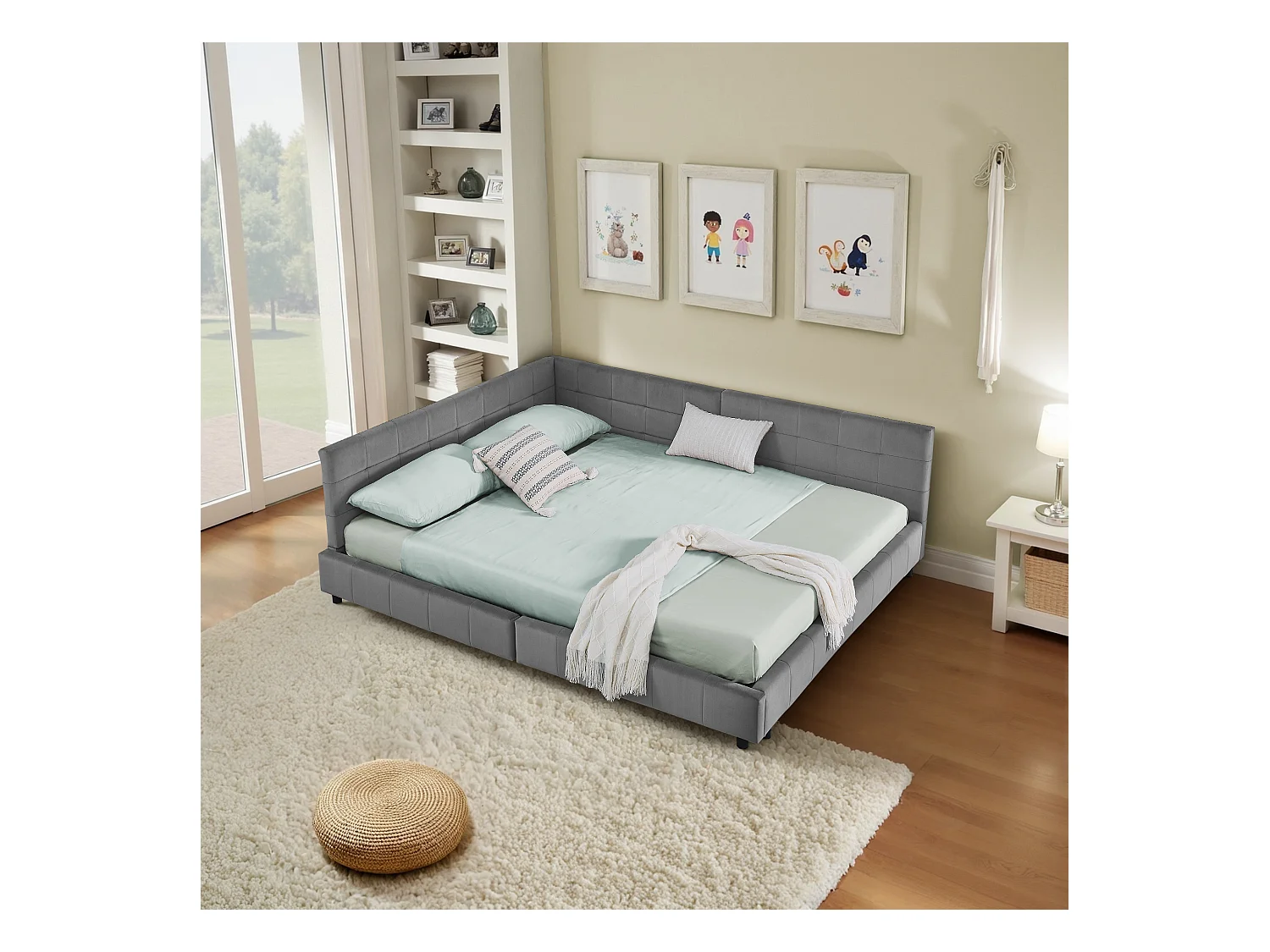 Lit banquette 140x200 cm lit double avec dossier et sommier à lattes, velours gris - sans matelas