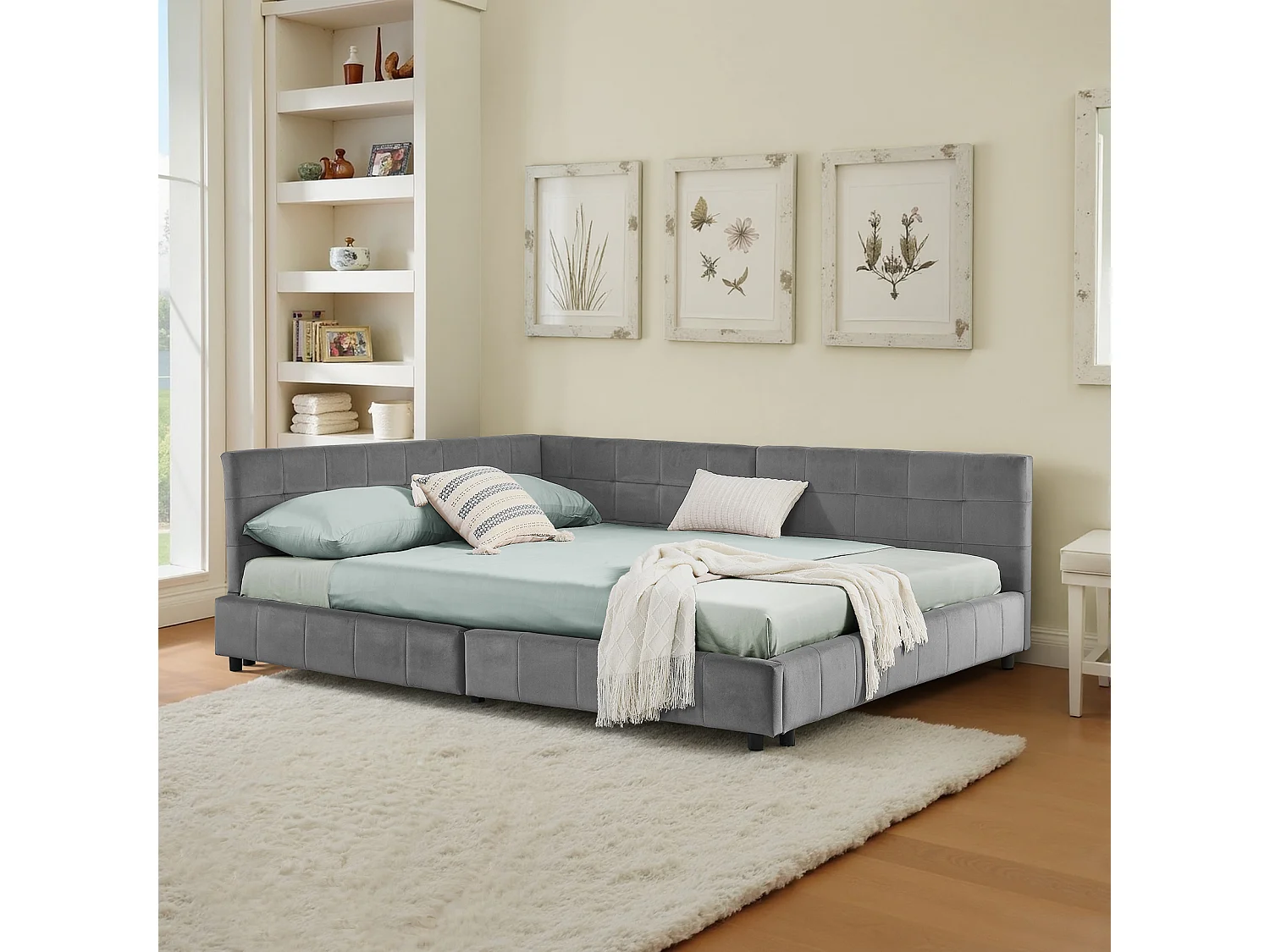 Slaapbank 140x200 cm, tweepersoonsbed met rugleuning en lattenbodem, fluweel grijs - zonder matras