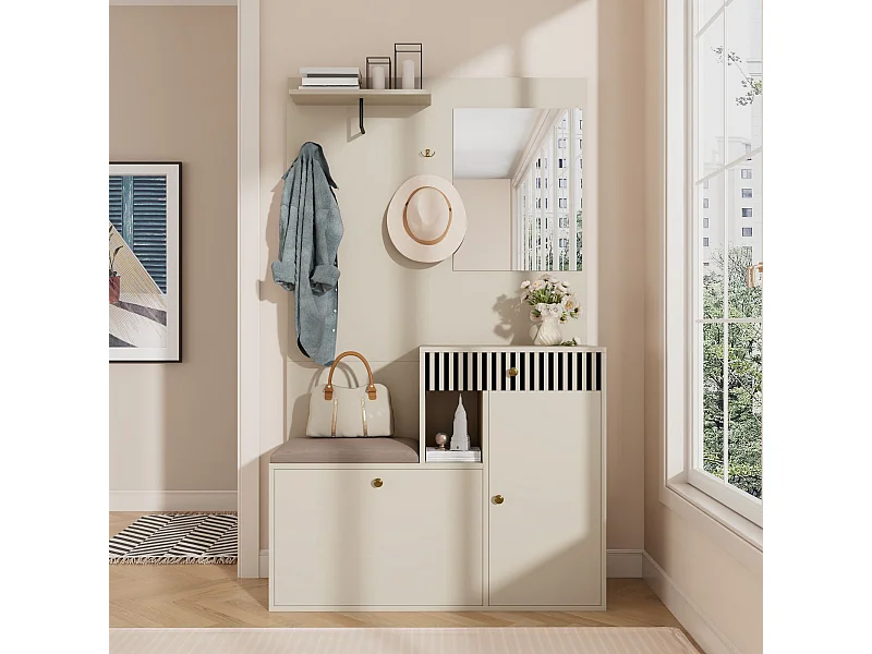 Wieszak na ubrania do przedpokoju z ławką na buty i lustrem, miejsce do przechowywania - Beżowo-szary