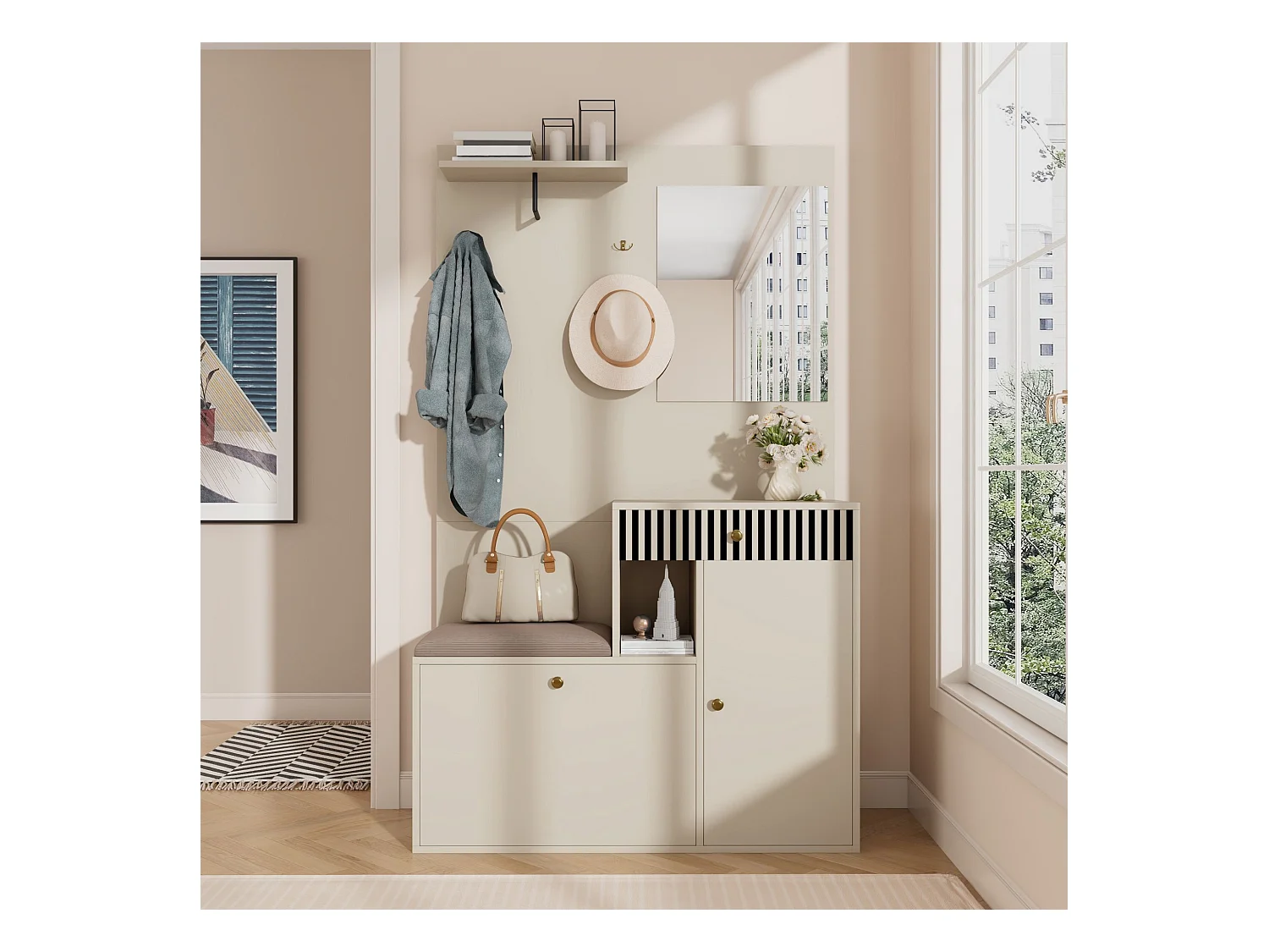Porte-manteau d'entrée avec banc à chaussures et miroir, espace de rangement - Beige Gris