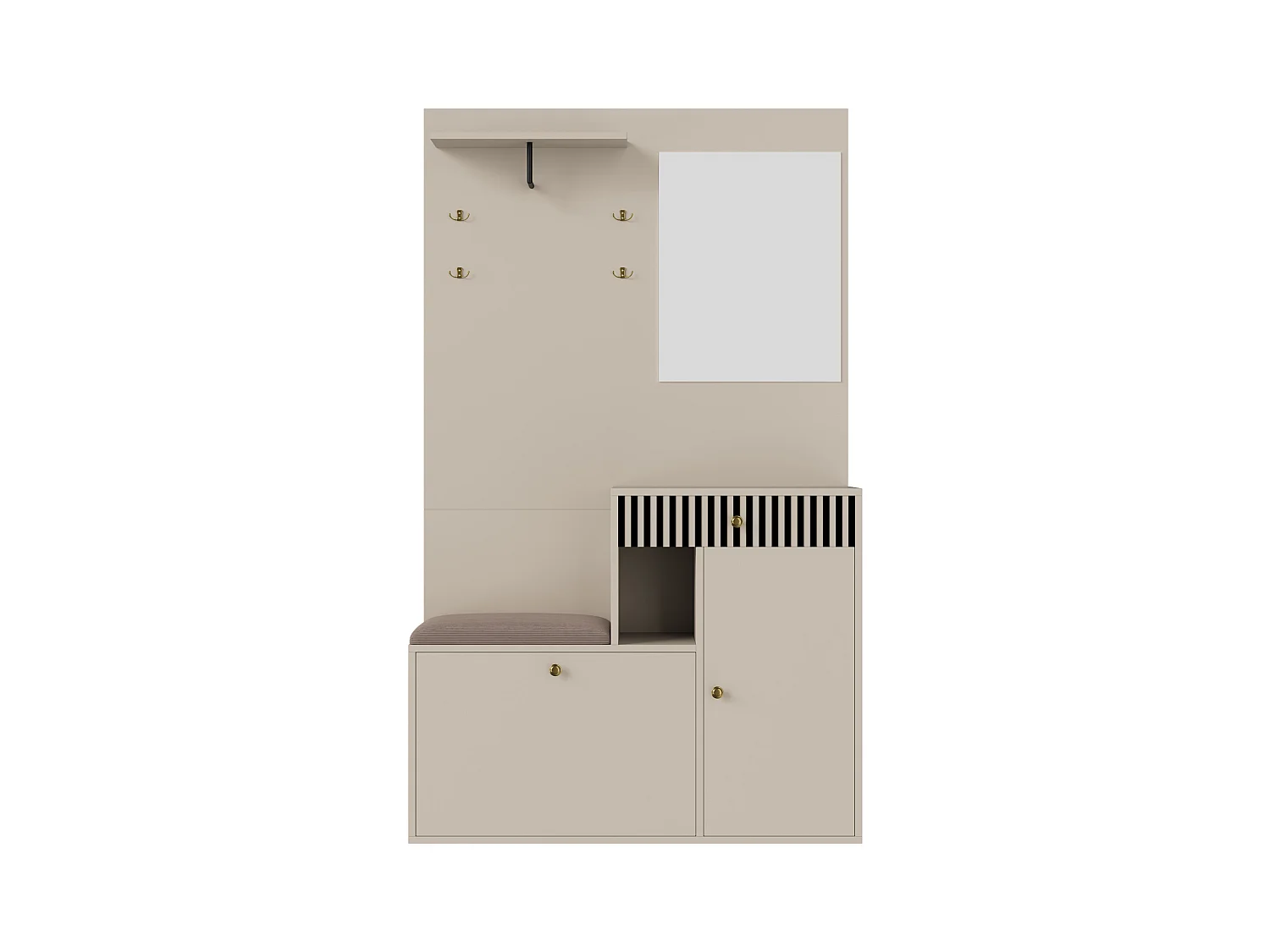 Porte-manteau d'entrée avec banc à chaussures et miroir, espace de rangement - Beige Gris