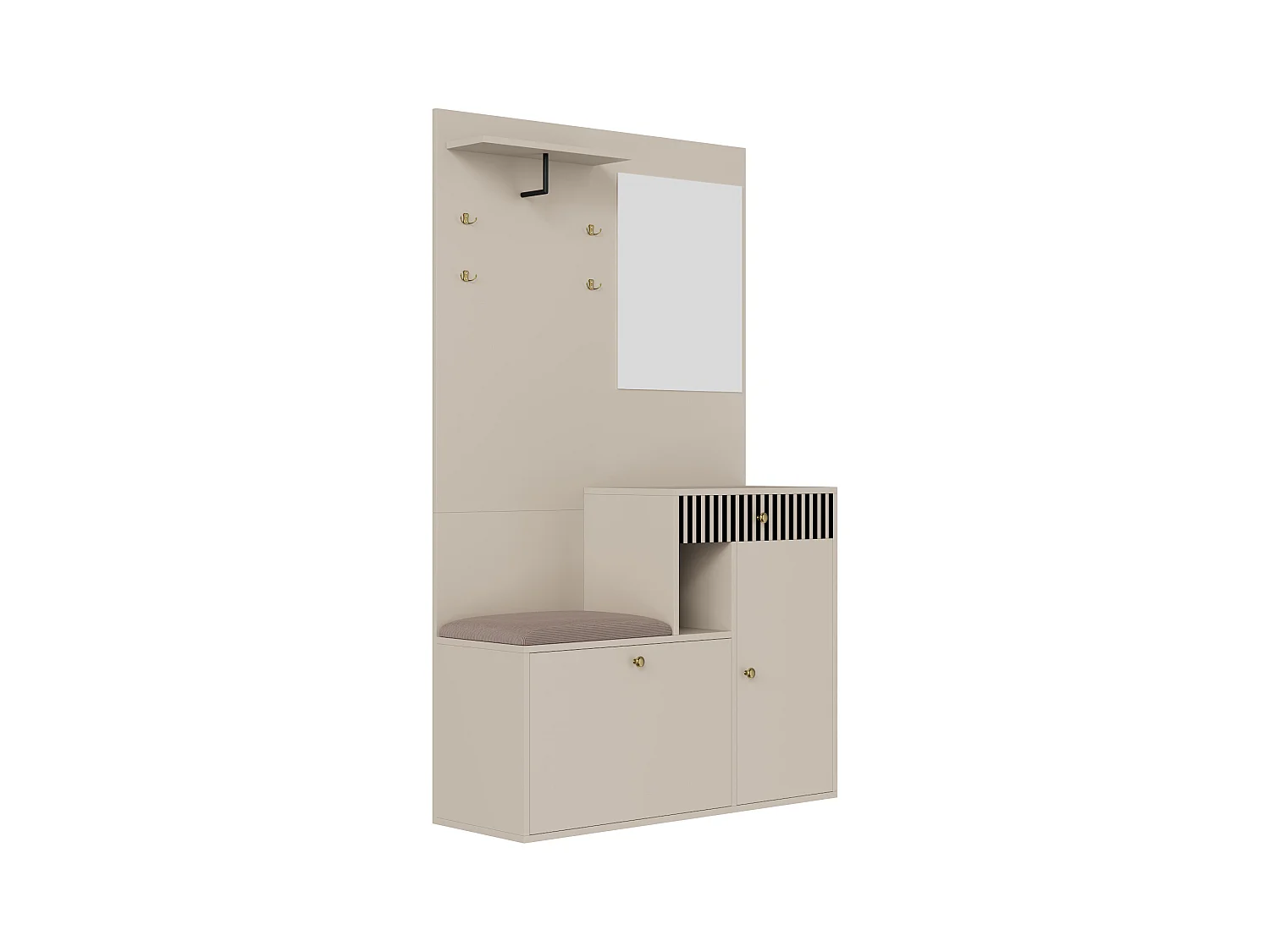 Porte-manteau d'entrée avec banc à chaussures et miroir, espace de rangement - Beige Gris