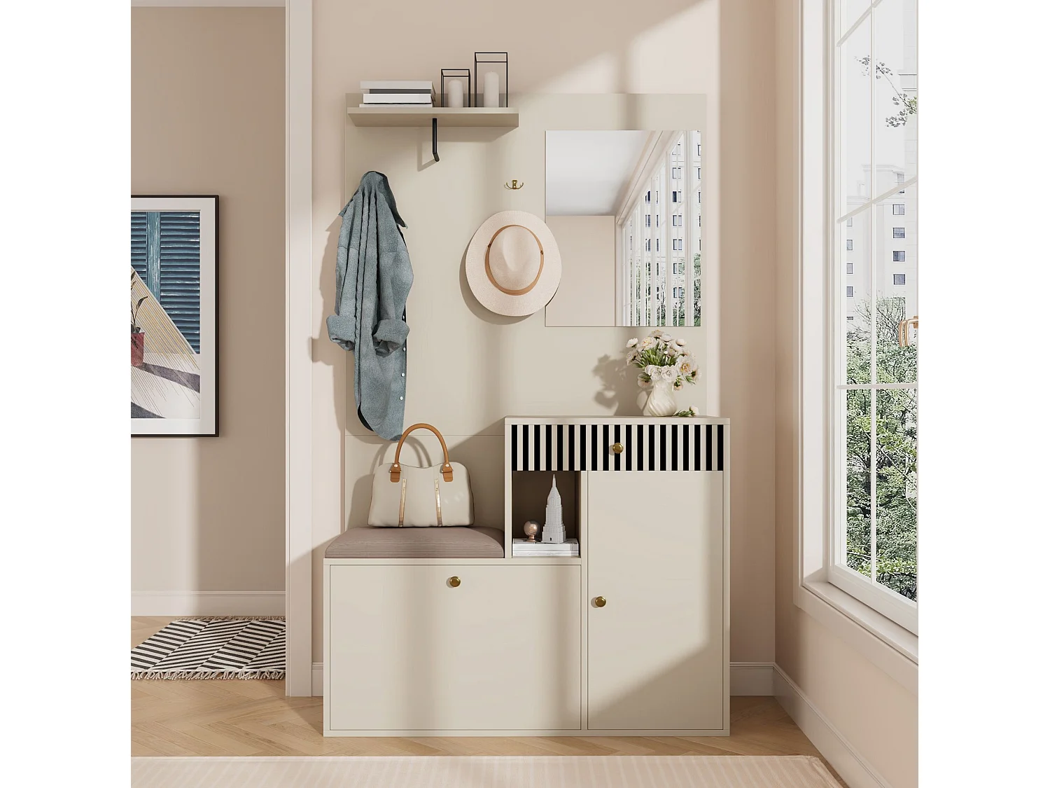 Porte-manteau d'entrée avec banc à chaussures et miroir, espace de rangement - Beige Gris