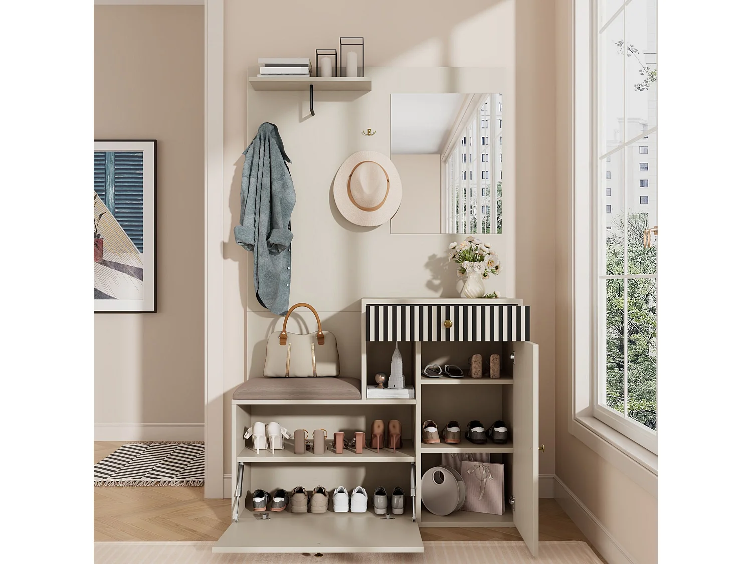 Porte-manteau d'entrée avec banc à chaussures et miroir, espace de rangement - Beige Gris