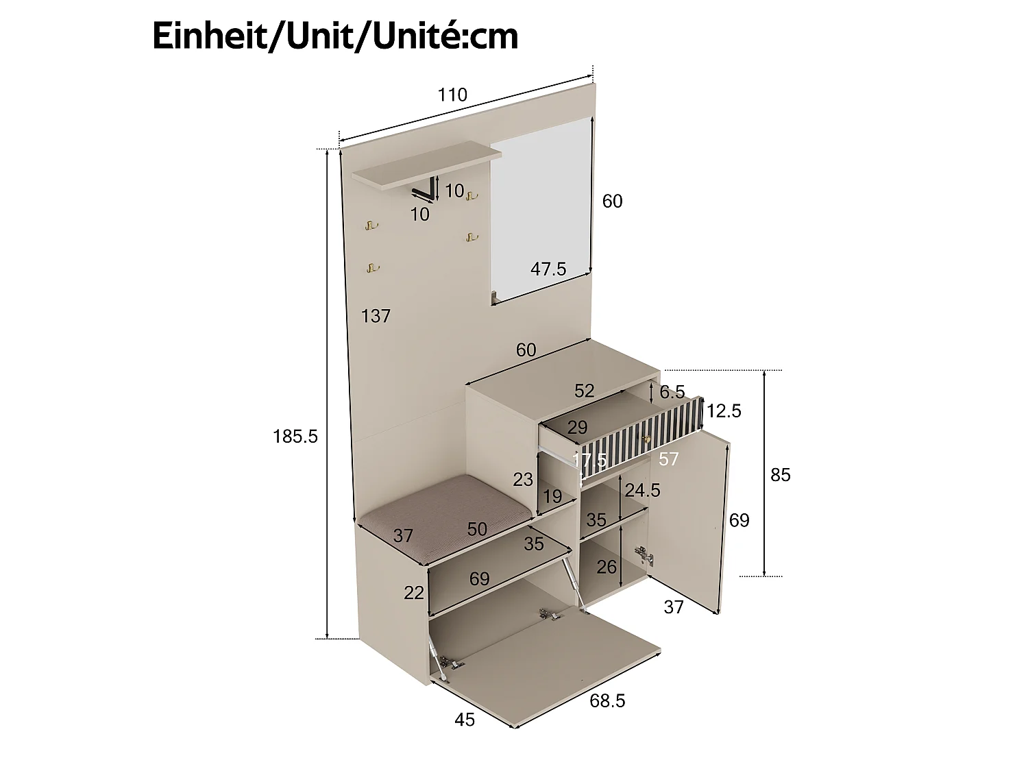 Porte-manteau d'entrée avec banc à chaussures et miroir, espace de rangement - Beige Gris