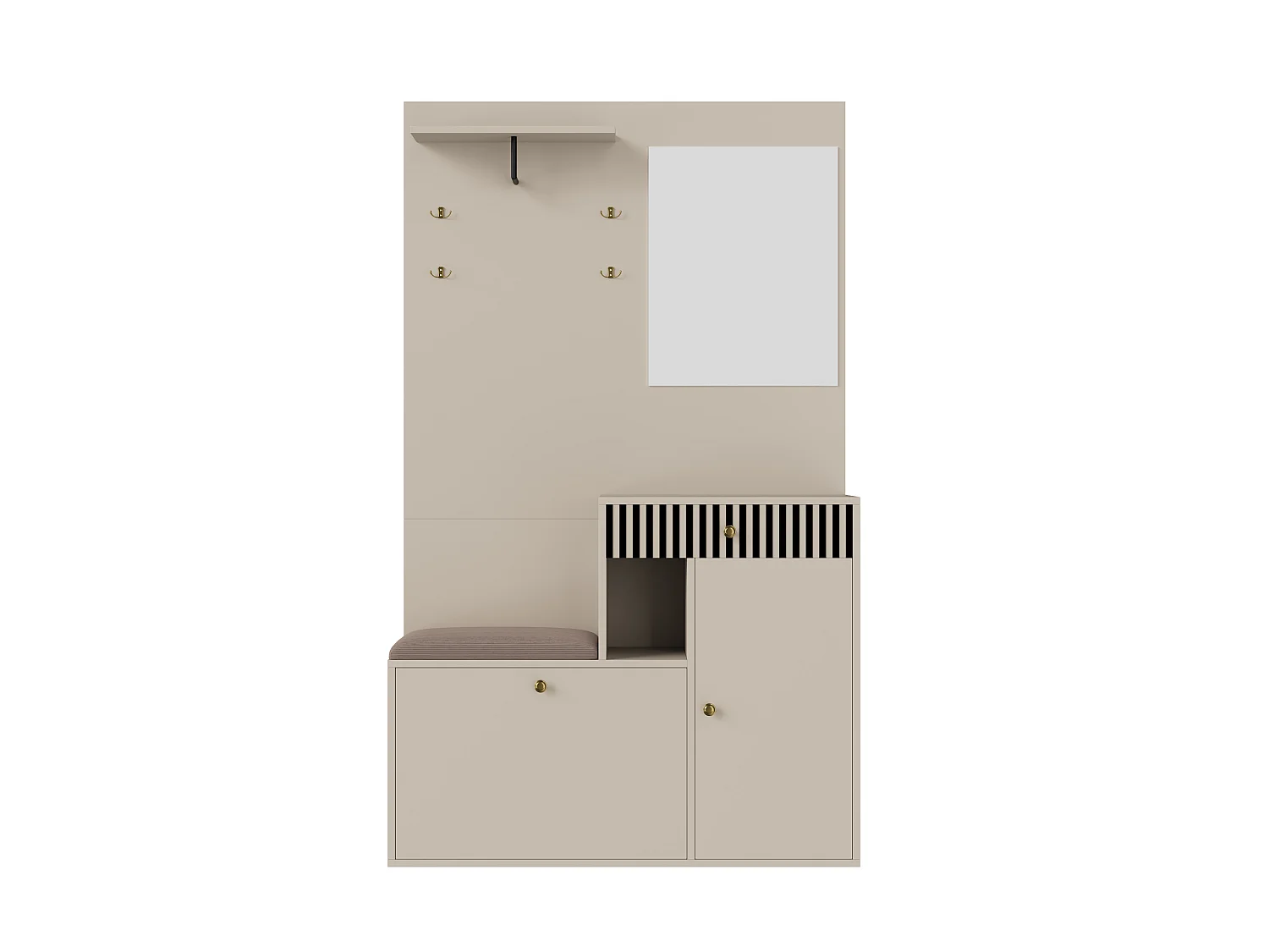 Porte-manteau d'entrée avec banc à chaussures et miroir, espace de rangement - Beige Gris
