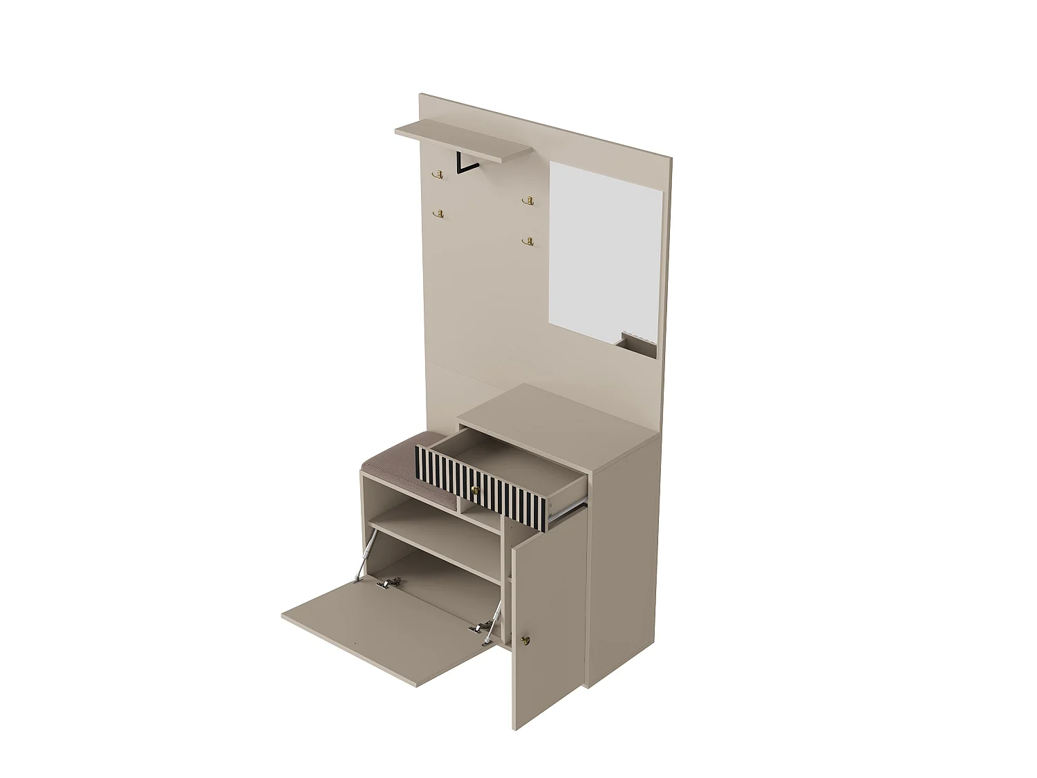 Porte-manteau d'entrée avec banc à chaussures et miroir, espace de rangement - Beige Gris