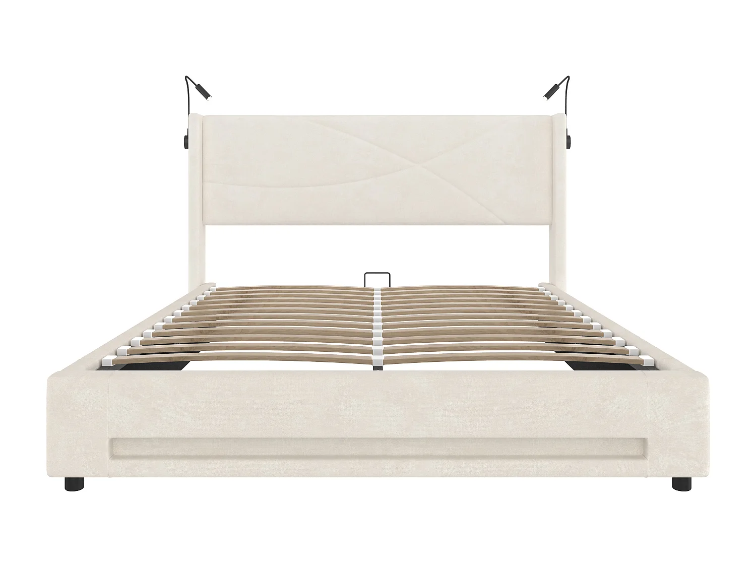 Lit coffre 160x200 cm avec 2 liseuses et éclairage LED, port USB - velours beige - sans matelas