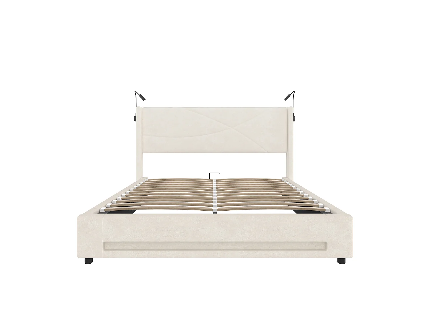 Opbergbed 160x200 cm met 2 leeslampjes en ledlampjes, USB-aansluiting - beige fluweel - zonder matras