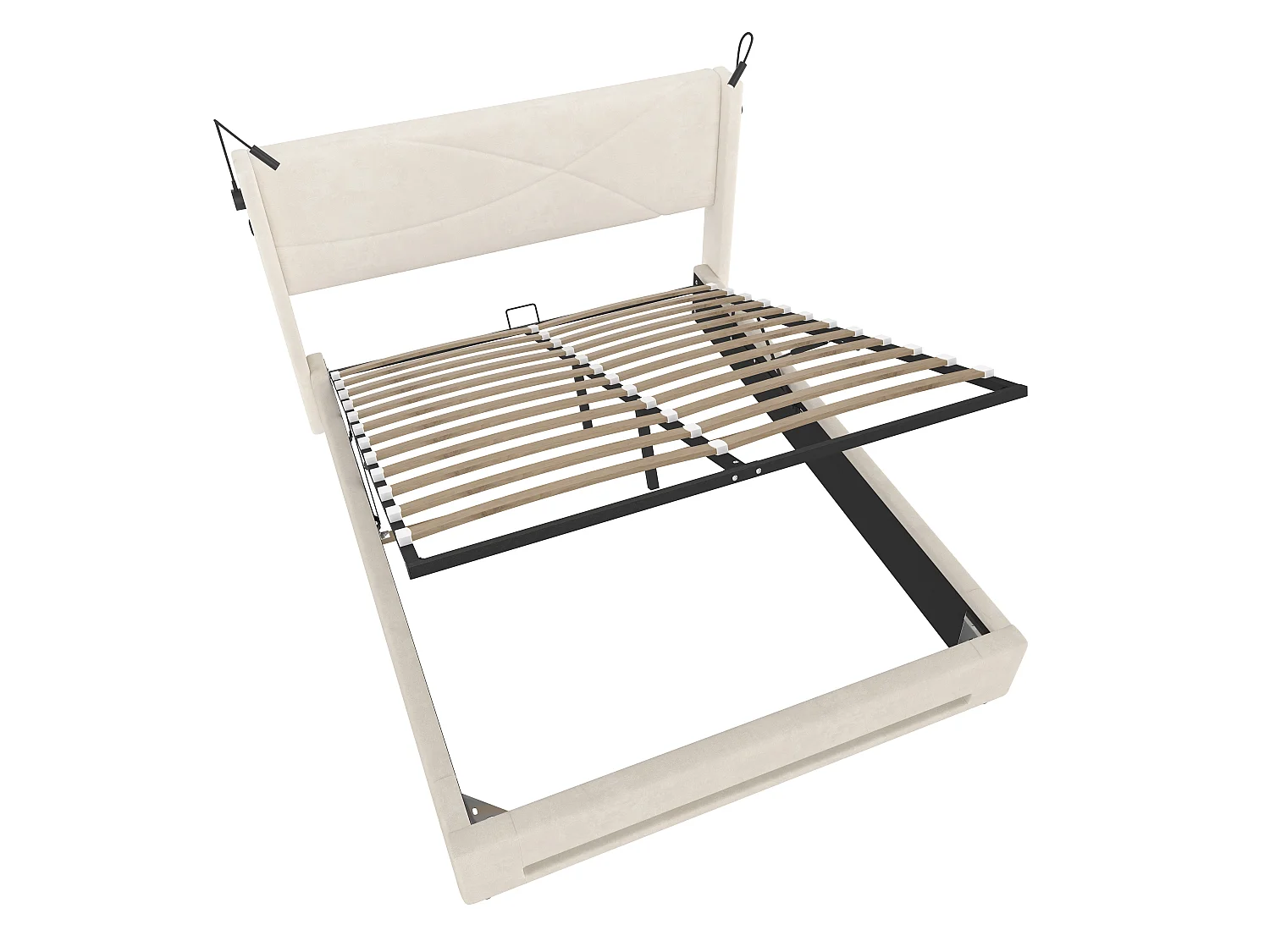 Opbergbed 160x200 cm met 2 leeslampjes en ledlampjes, USB-aansluiting - beige fluweel - zonder matras