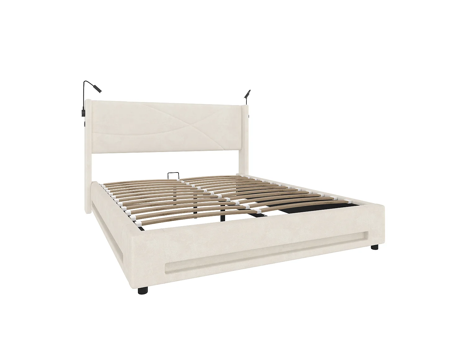 Opbergbed 160x200 cm met 2 leeslampjes en ledlampjes, USB-aansluiting - beige fluweel - zonder matras