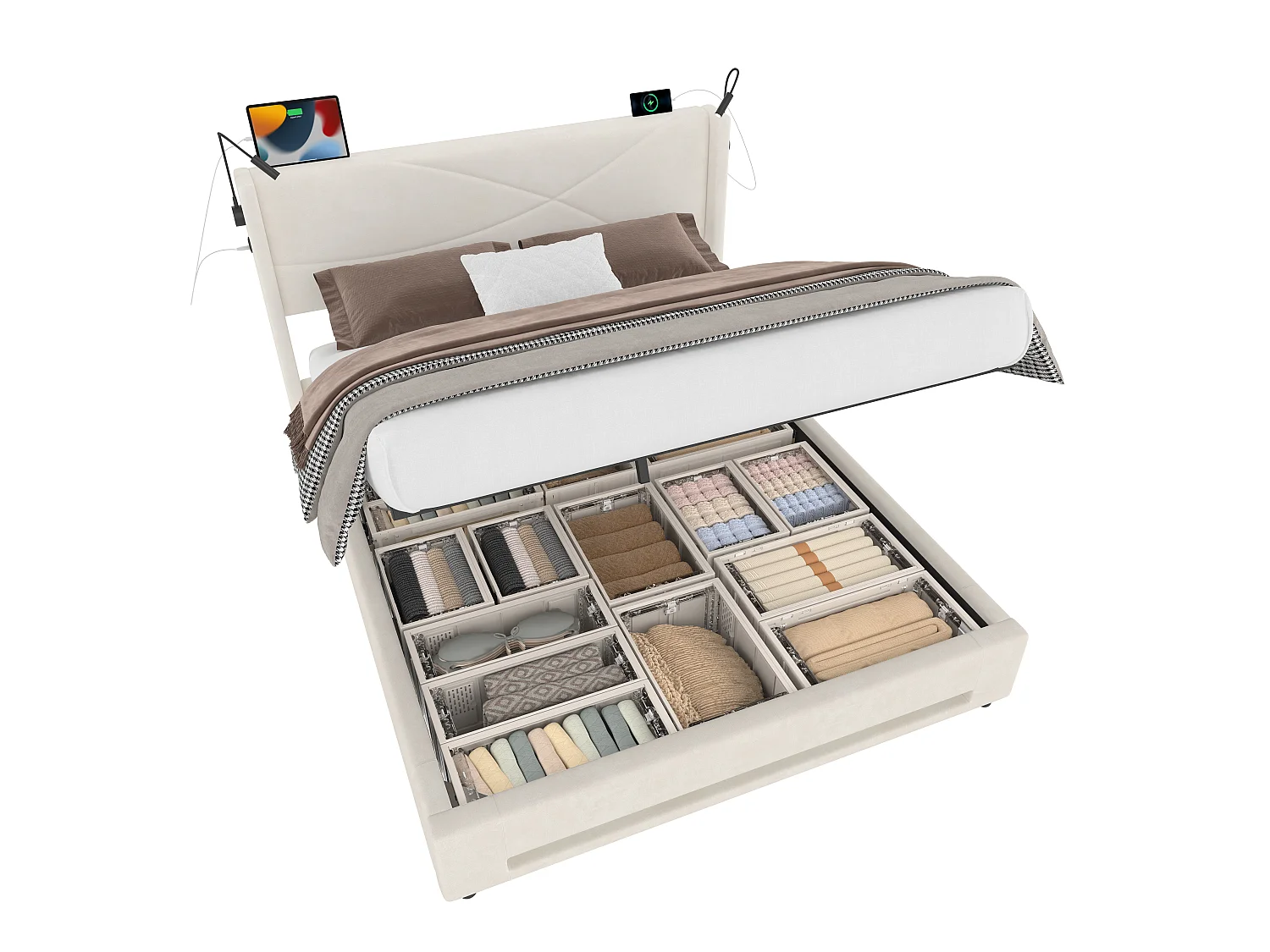 Opbergbed 160x200 cm met 2 leeslampjes en ledlampjes, USB-aansluiting - beige fluweel - zonder matras