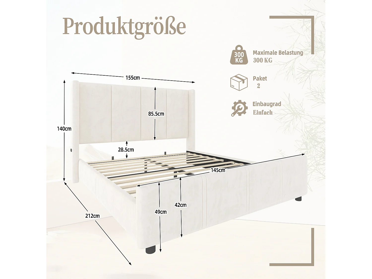 Cama de adulto 140x200 cm con cabecero y somier de láminas, puerto USB - terciopelo beige (sin colchón)