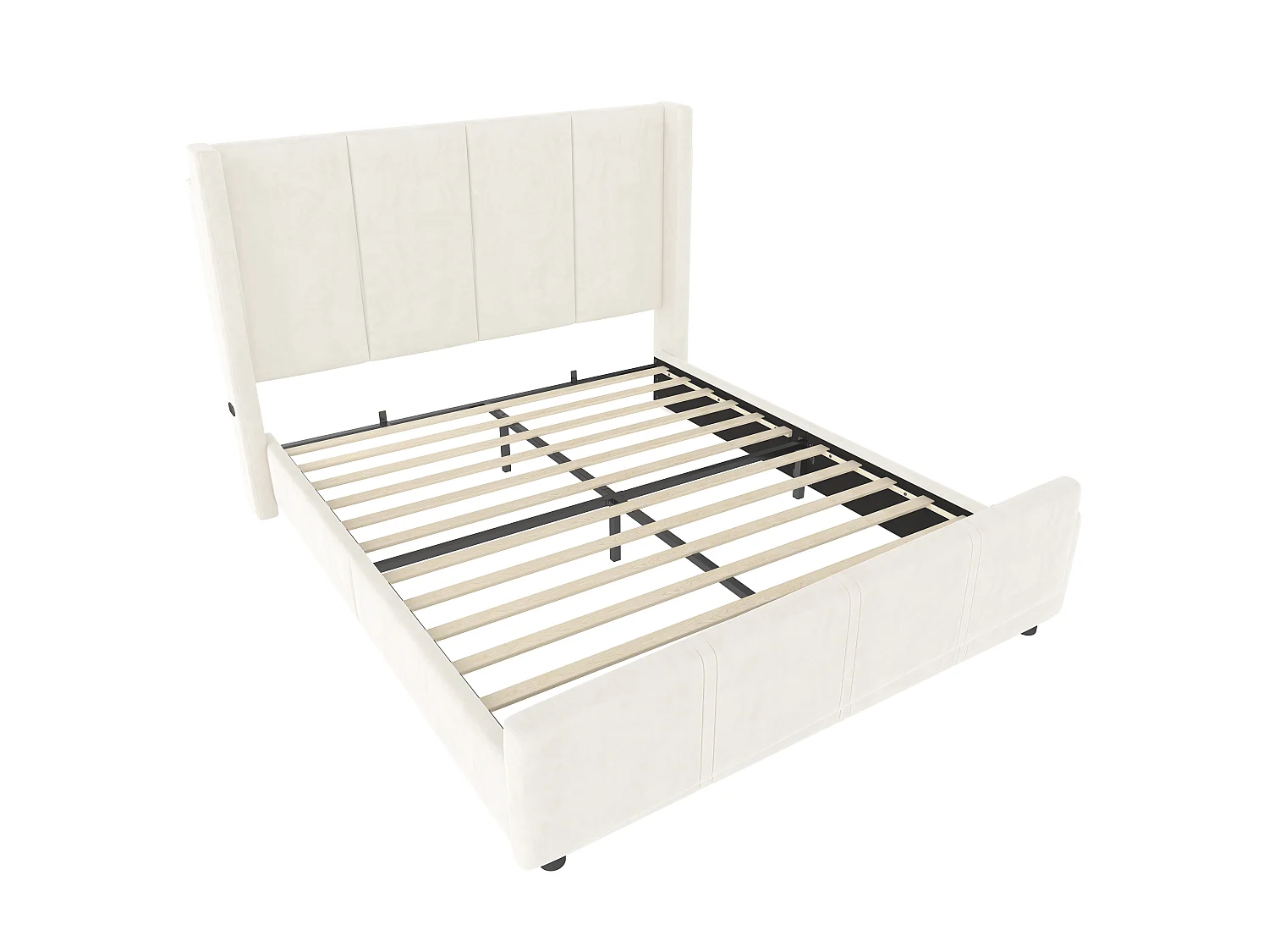 Cama de adulto 140x200 cm con cabecero y somier de láminas, puerto USB - terciopelo beige (sin colchón)