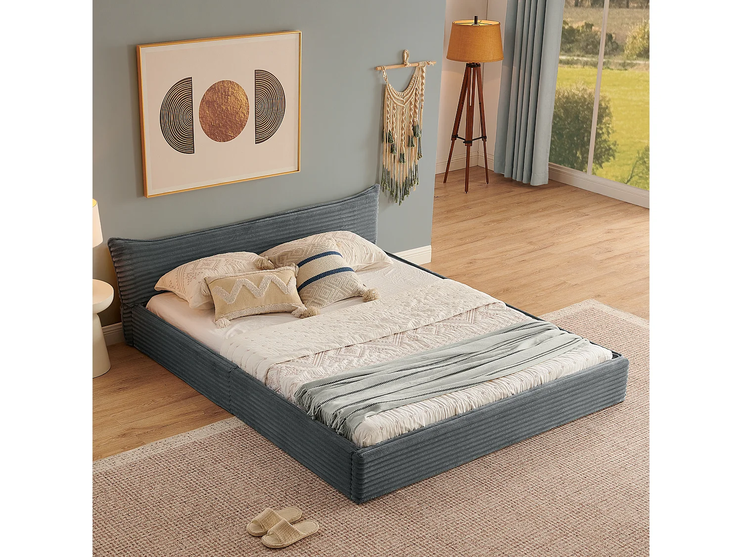 Doppelbett 140x200 cm mit Kopfteil und Lattenrost, Chenille Grau - ohne Matratze