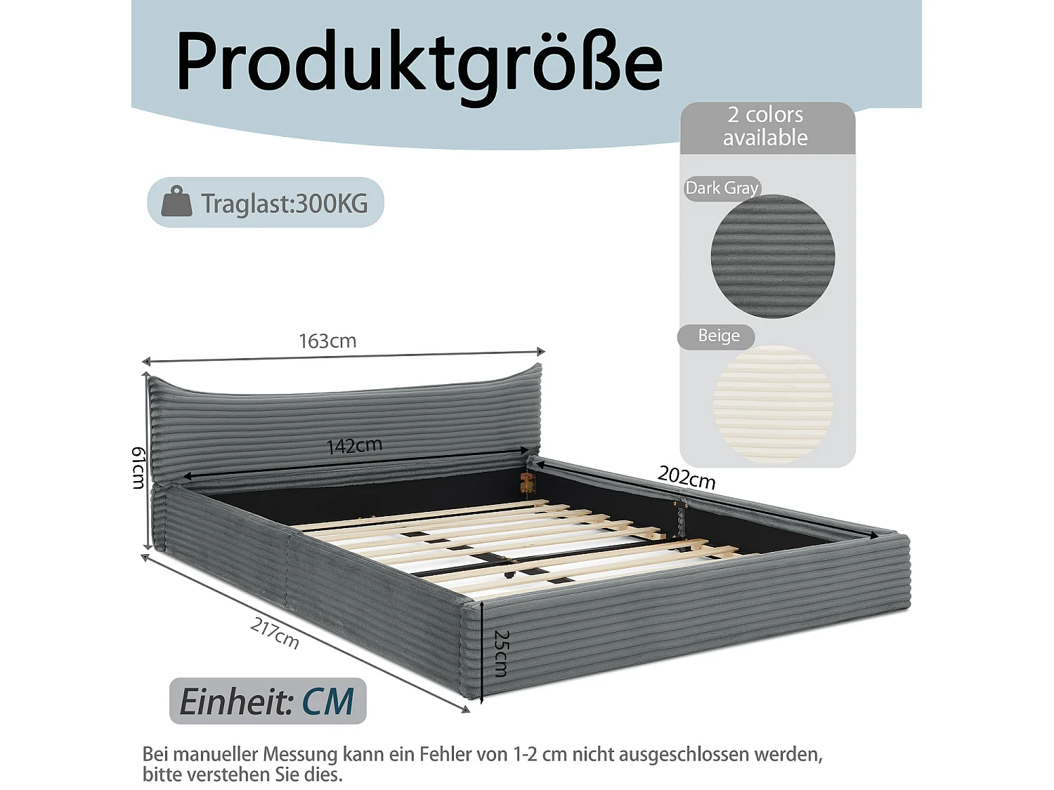 Doppelbett 140x200 cm mit Kopfteil und Lattenrost, Chenille Grau - ohne Matratze