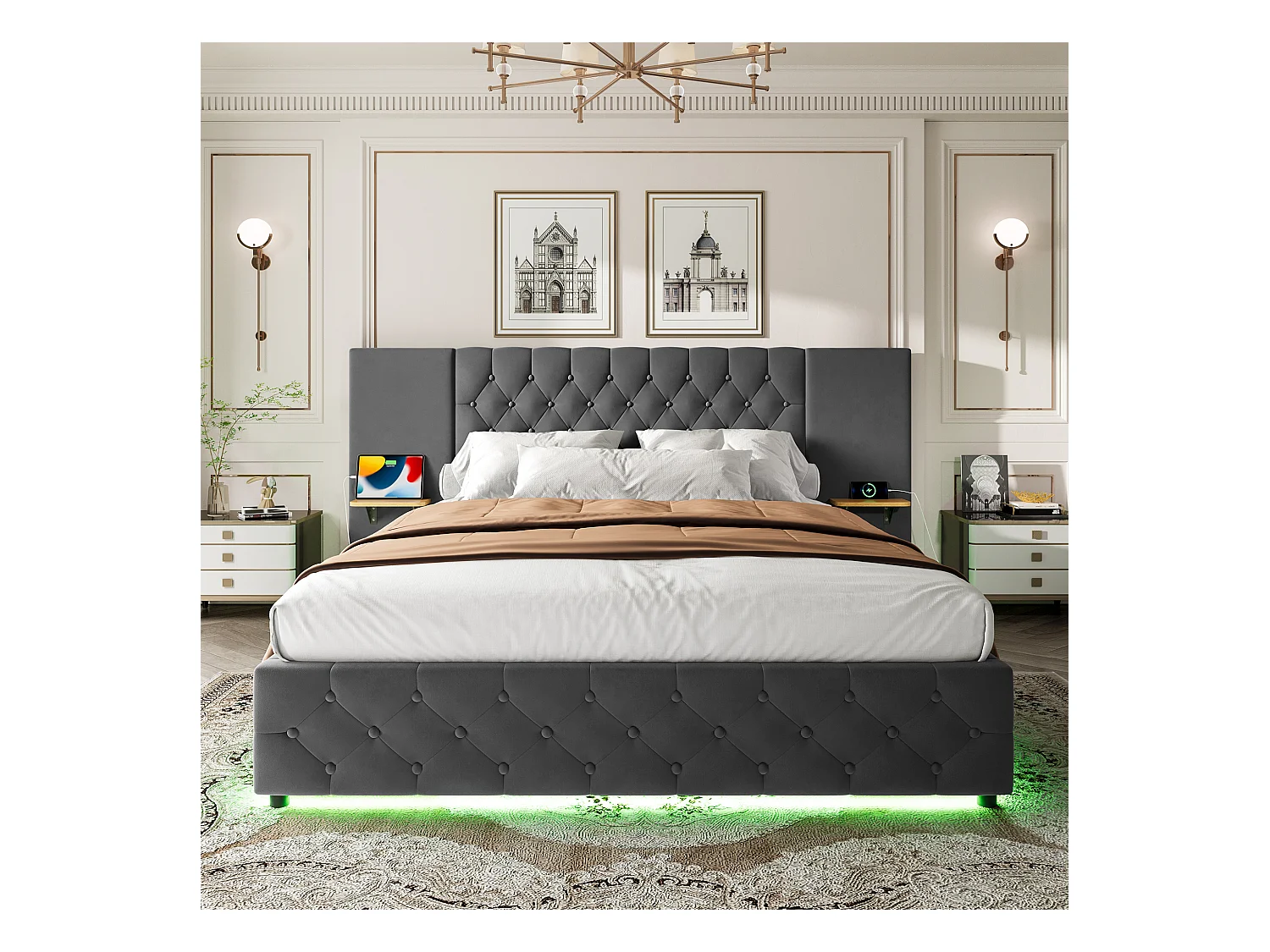 Lit coffre 140x200 cm avec LED et port USB, tête de lit large - velours gris - sans matelas