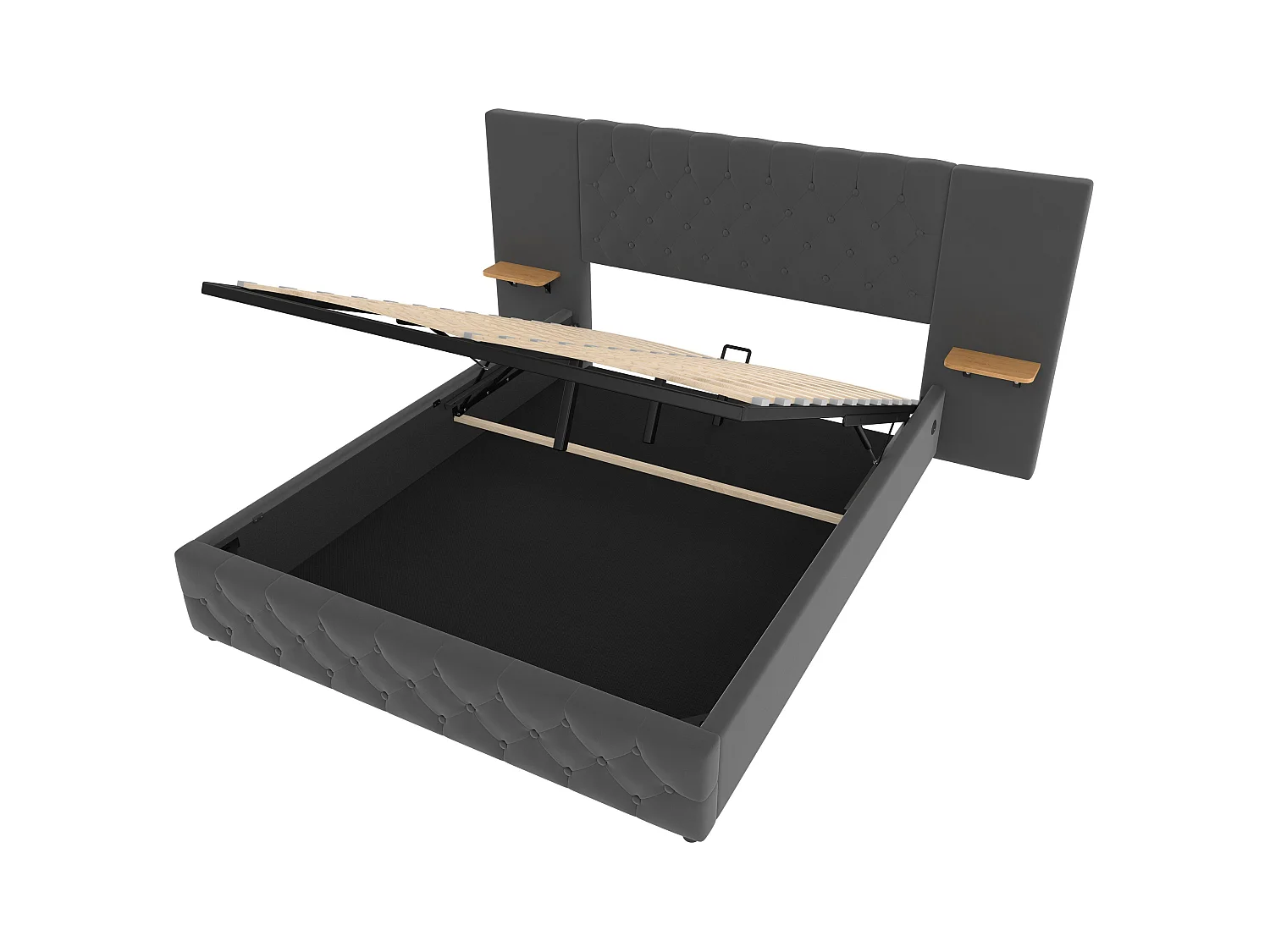 Lit coffre 140x200 cm avec LED et port USB, tête de lit large - velours gris - sans matelas